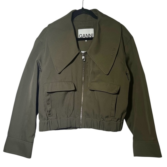 Ganni Green Heavy Twill Wide Collar Short Jacket in Kalamata Size EU 38 / US 6 - Picture 1 of 12
